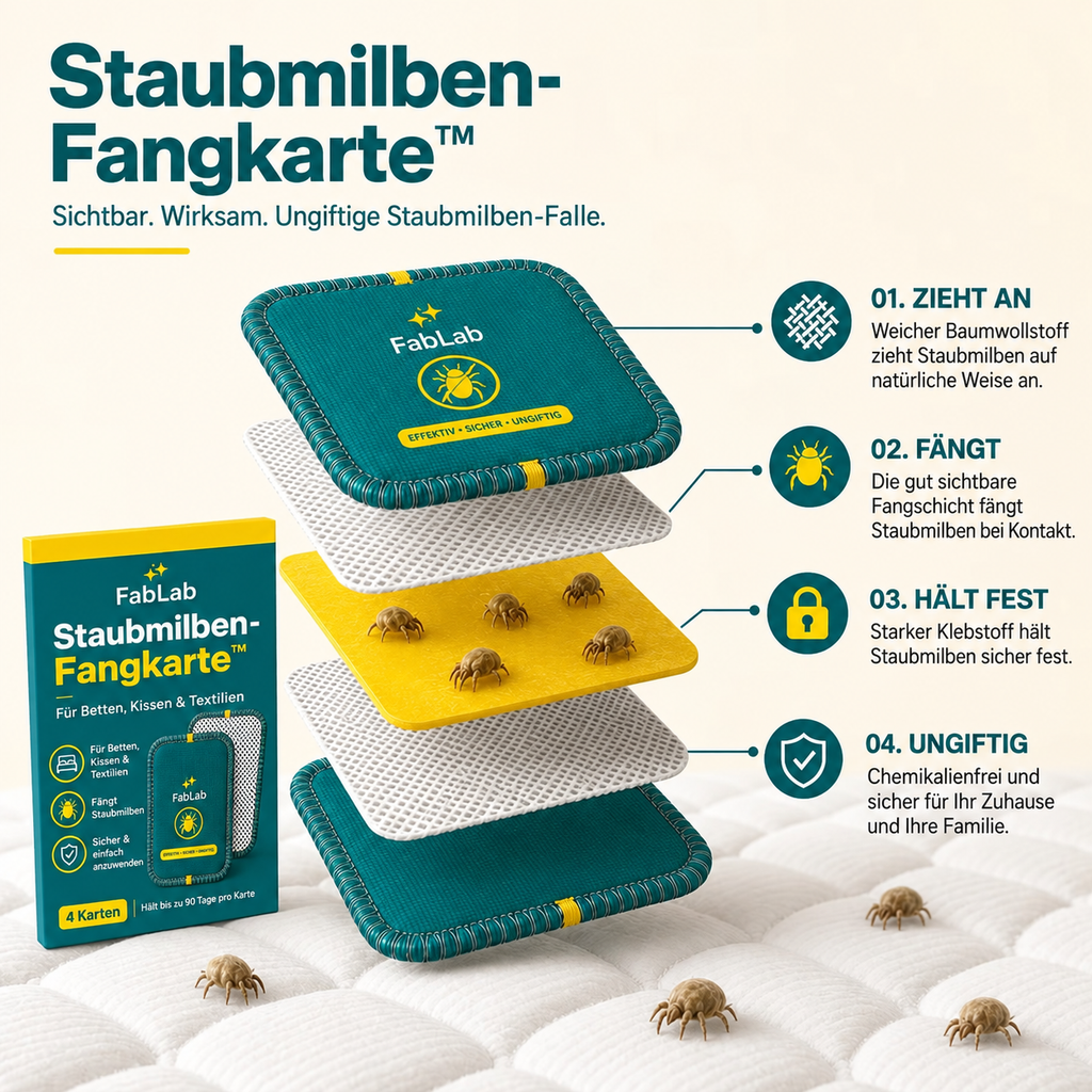 Der 4-Schichten-Aufbau der Staubmilben-Fangkarte: Zieht an, Fängt, Hält fest, Ungiftig