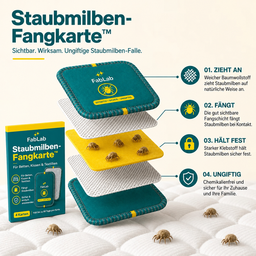 Der 4-Schichten-Aufbau der Staubmilben-Fangkarte: Zieht an, Fängt, Hält fest, Ungiftig