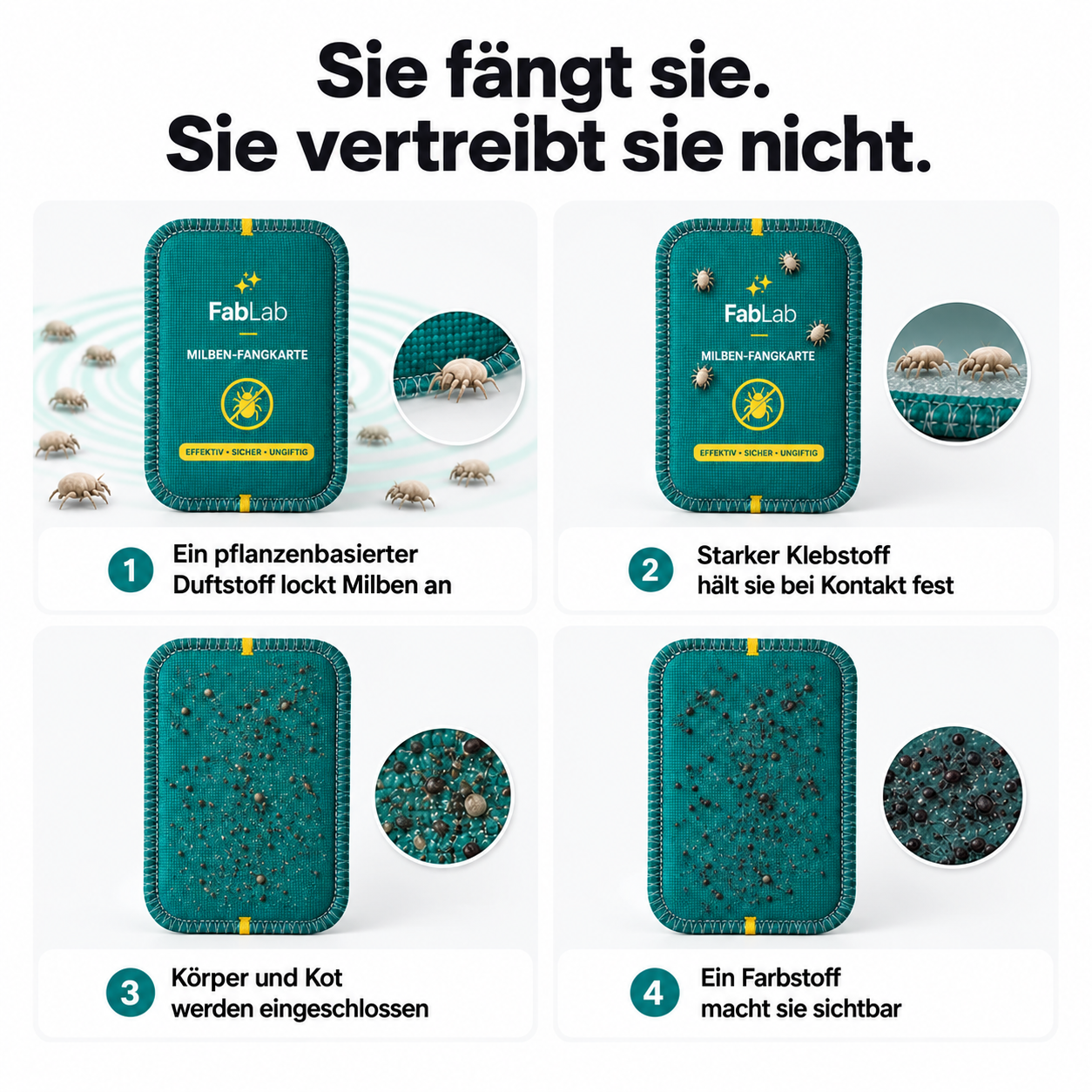 Sie fängt sie, sie vertreibt sie nicht: pflanzenbasierter Duftstoff lockt Milben an, Klebstoff hält sie fest, Farbstoff macht sie sichtbar