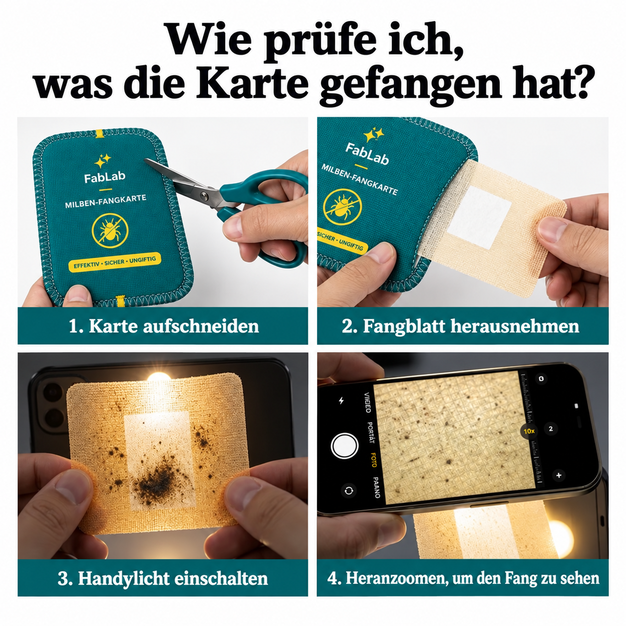 Wie prüfe ich, was die Karte gefangen hat? Karte aufschneiden, Fangblatt herausnehmen, Handylicht einschalten, heranzoomen