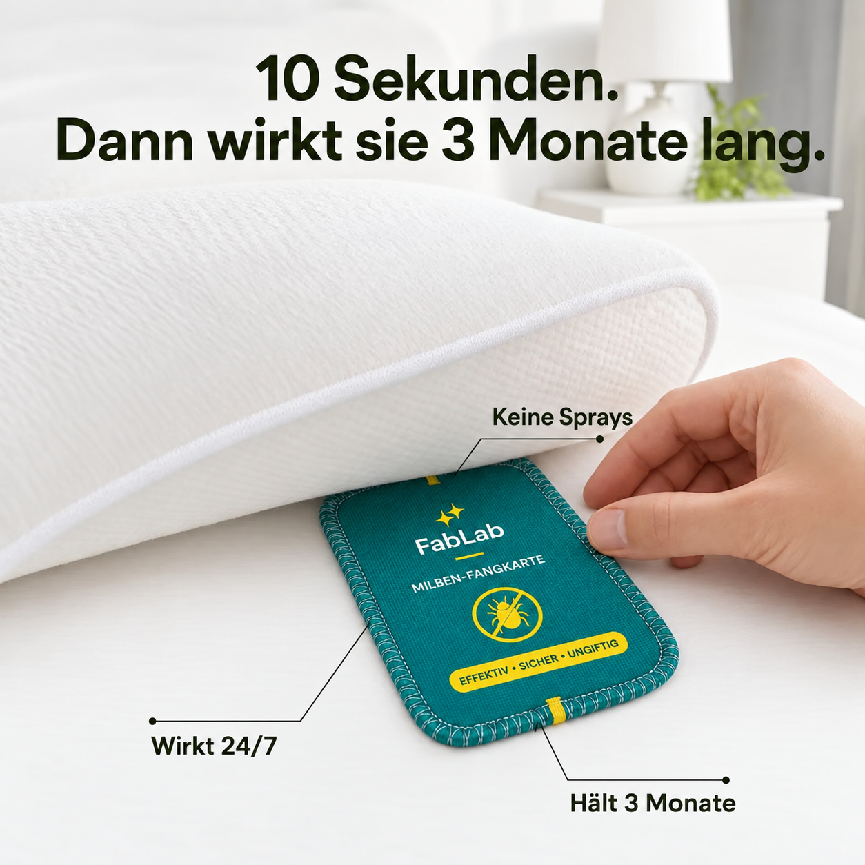 In 10 Sekunden angebracht: FabLab Milben-Fangkarte unter die Matratze schieben – wirkt 3 Monate